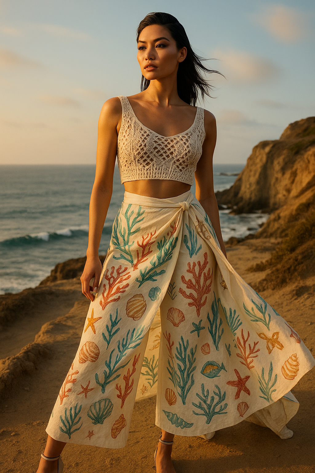 Woman in coastal wrap skirt - alternate view